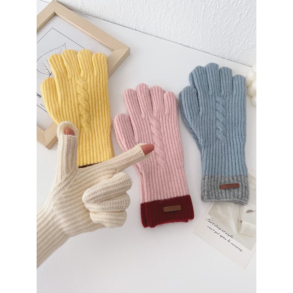 Novo estilo inverno lã luvas de malha feminino quente engrossado torção textura tela toque Split dedo luvas equitação à