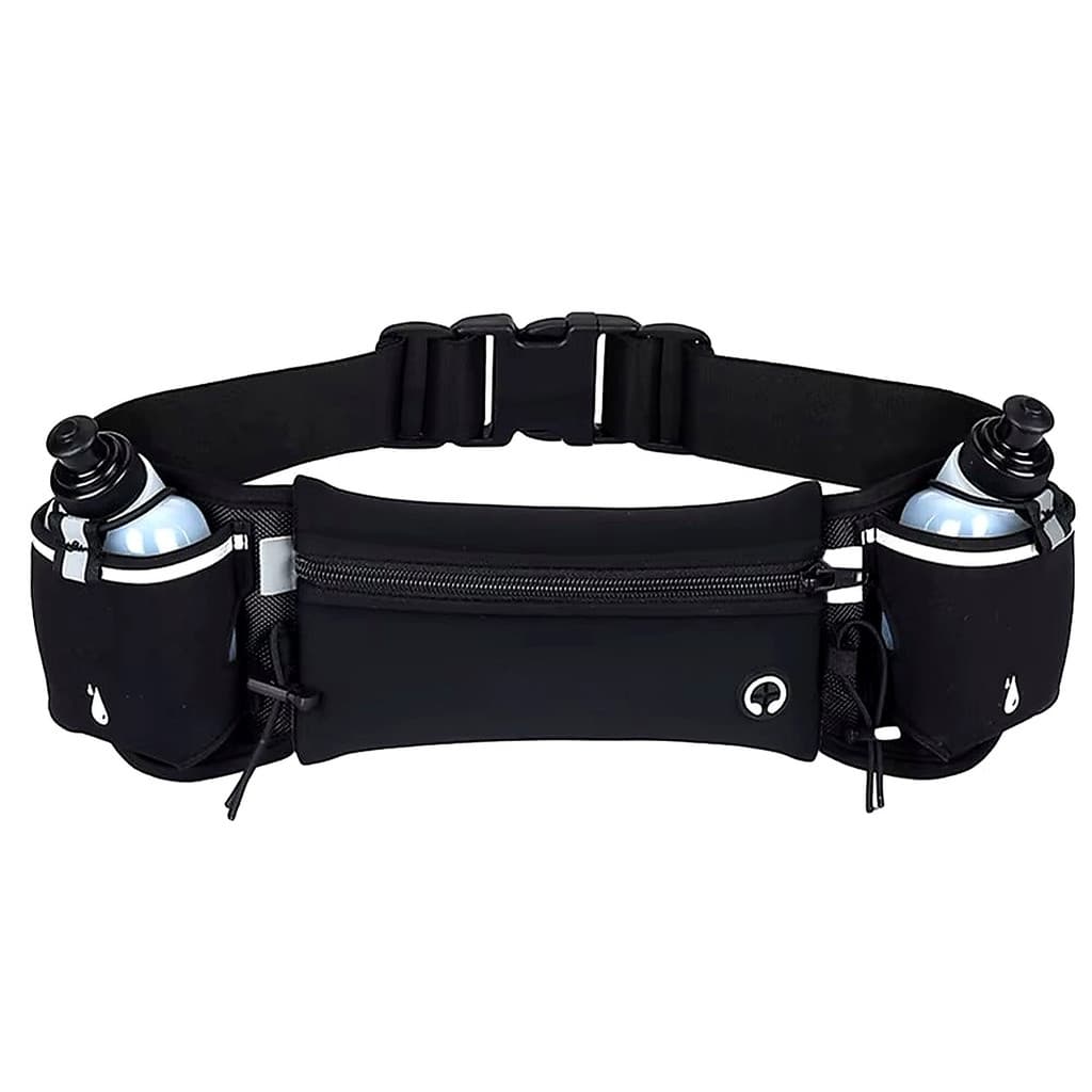 Cinto de Hidratação para Corrida 2 Garrafinhas 175ml Pochete Esportiva Ajustável com Zíper e Porta Número