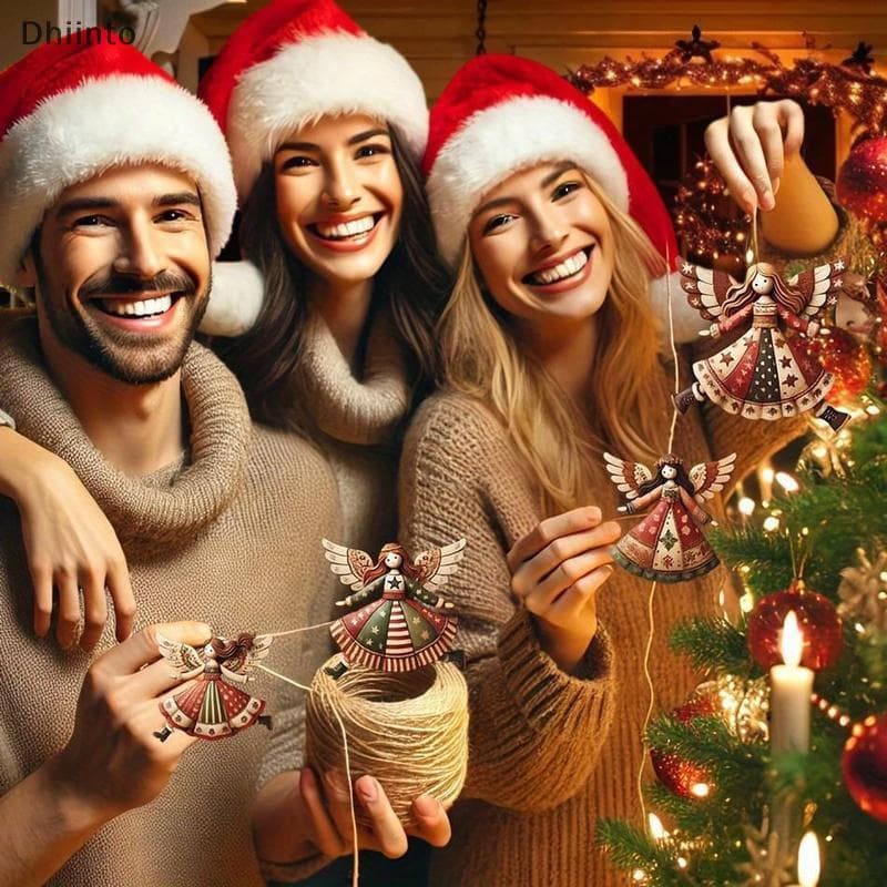 [Dhiint] 4 Peças De Enfeites De Natal De Anjo De Madeira Feitos À Mão-Decoração Festiva Multicolorida Para Árvore , Casa