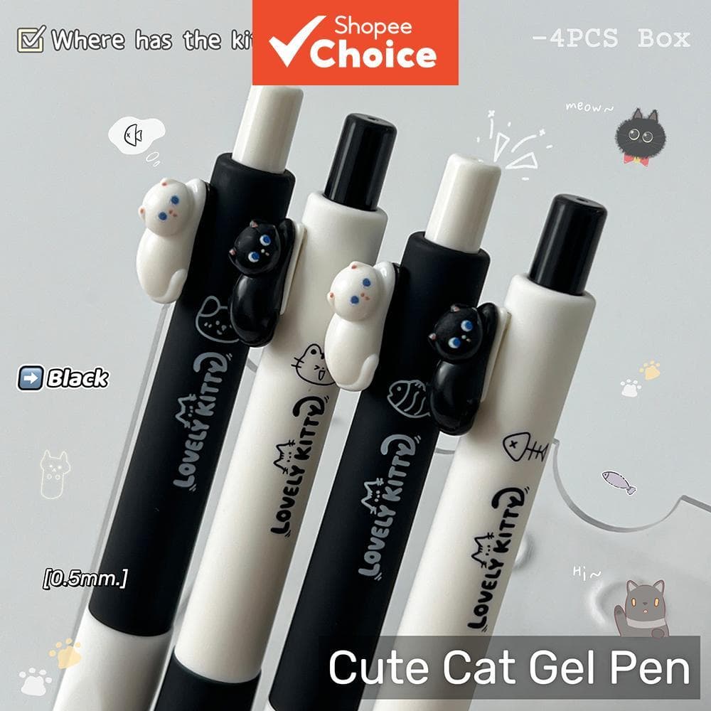 Conjunto De Canetas De Gel De Gato Fofo , 4 Unidades , 0.5 Mm , Tinta Preta De Secagem Rápida , Criativas Para Escrita ,