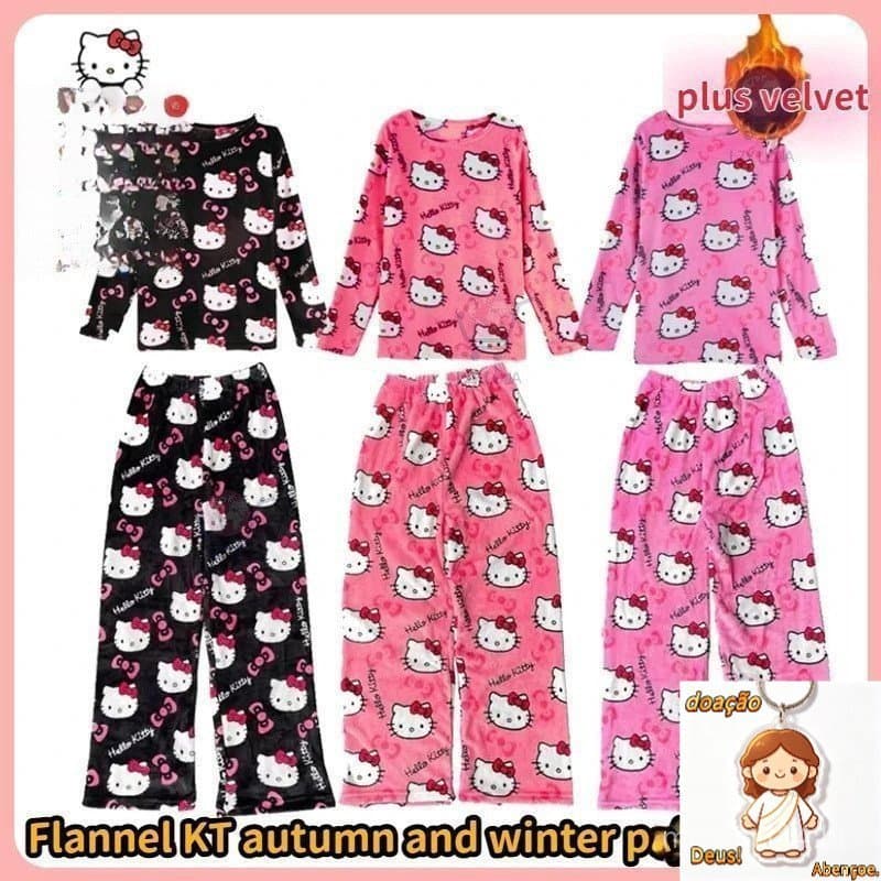 Sanrio Hello Kitty Flanela Pijamas Feminino Conjunto Quente Pjs Casual Casa Calças De Manga Longa Inverno M