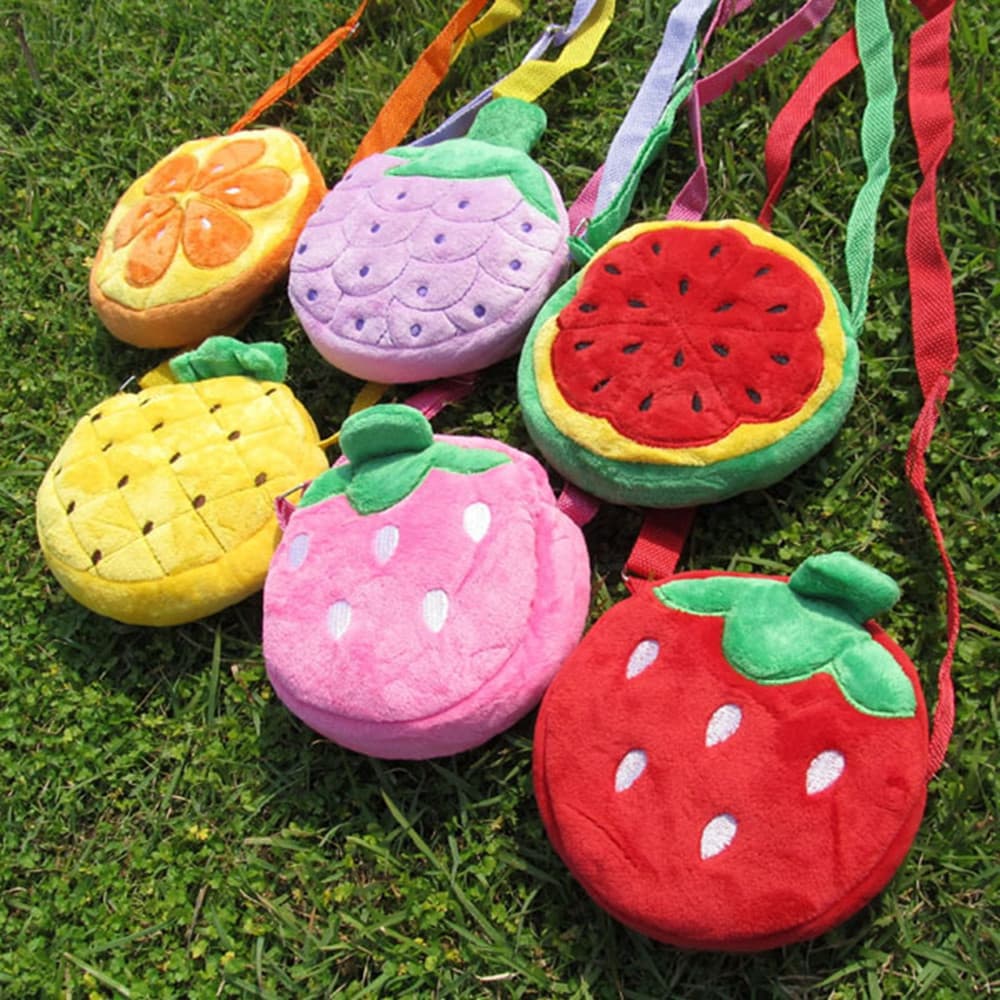 Bolsa de pelúcia em formato de fruta para bebês, bolsa transversal de melancia e morango, adequada para meninas.