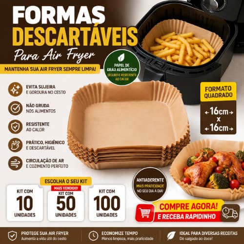 Kit 10 50 100 Formas Descartáveis para Air Fryer 16x16cm | Papel Antiaderente Quadrado | Forro para Fritadeira Elétrica