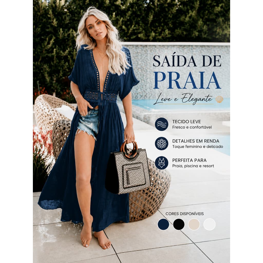 Saída de praia feminina longa, quimono de renda, leve, adequada para a praia, piscina e verão.