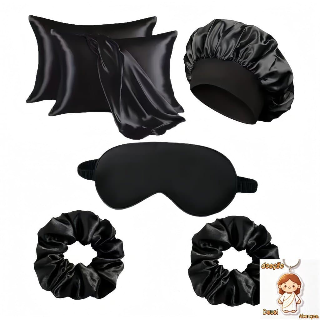 Kit  Fronhas de Cetim Seda + 1Touca De Cetim +2 Xuxinhas+Máscara Dormir 025-065