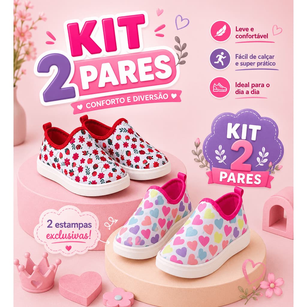 Kit 2 Tênis Slip On Infantil Menina Estampado Sem Cadarço Casual Confortável e Leve