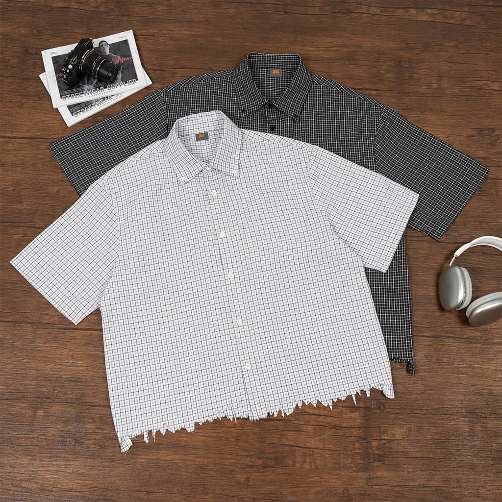Camisa masculina Street wear masculino destruição bainha fina verificação camisa de manga curta masculina fina Casual bo