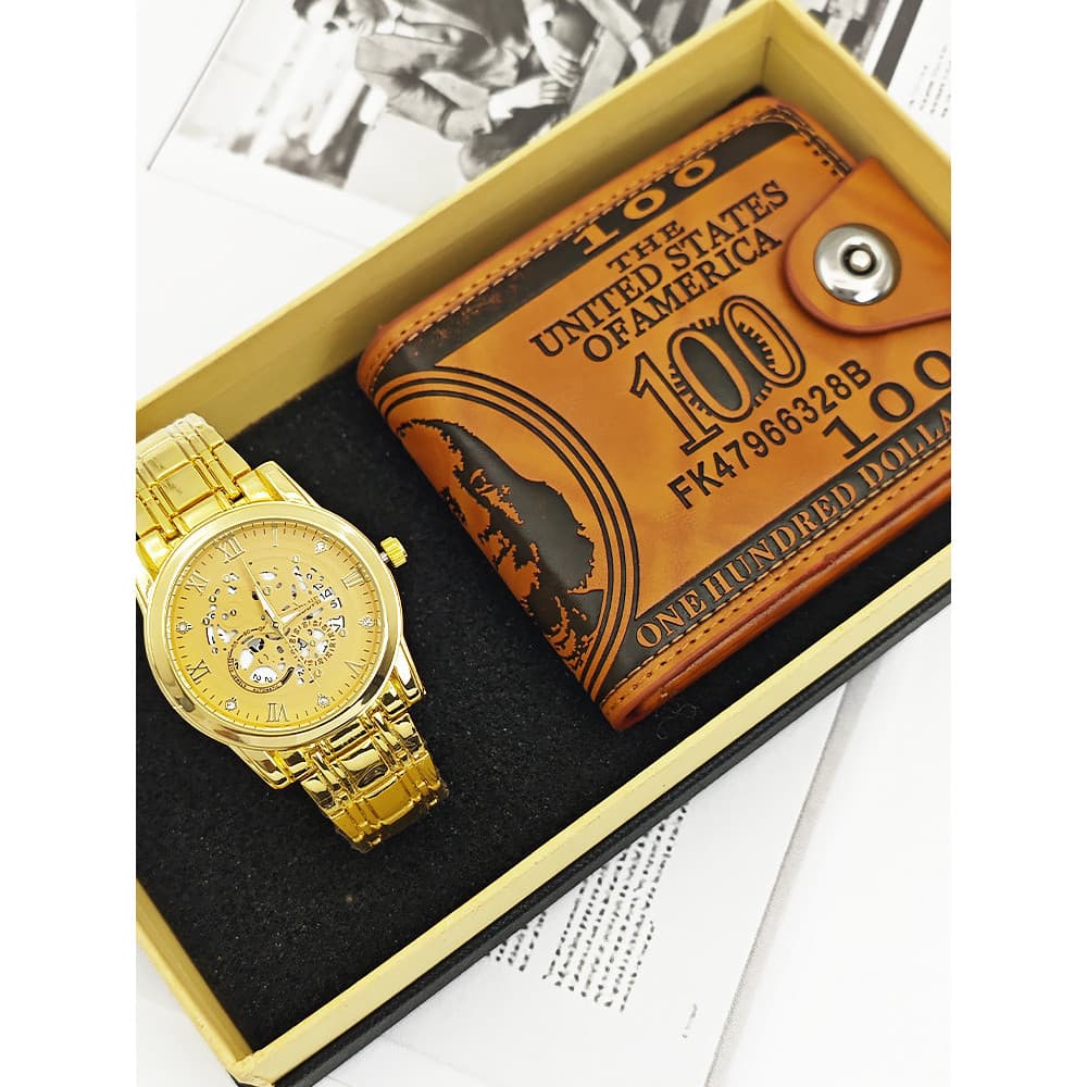 Moda masculina relógio conjunto presente de aniversário dólar carteira relógio masculino relógio de quartzo oco calendár