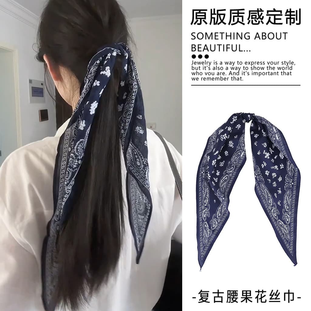 Lenço de cabeça Retro caju flor bandana lenço de seda laço de cabelo laço de cabelo anel de cabelo Streamer cabeça corda