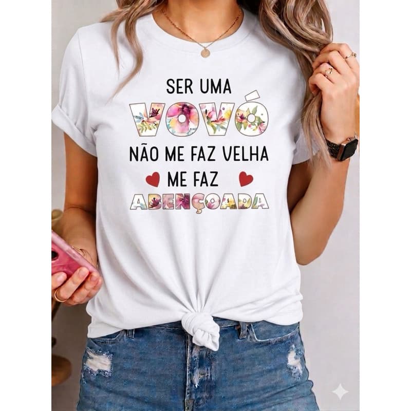 T-Shirt Feminina Gospel Vovó Abençoada Camiseta Cristã 100% Algodão Presente para Avó