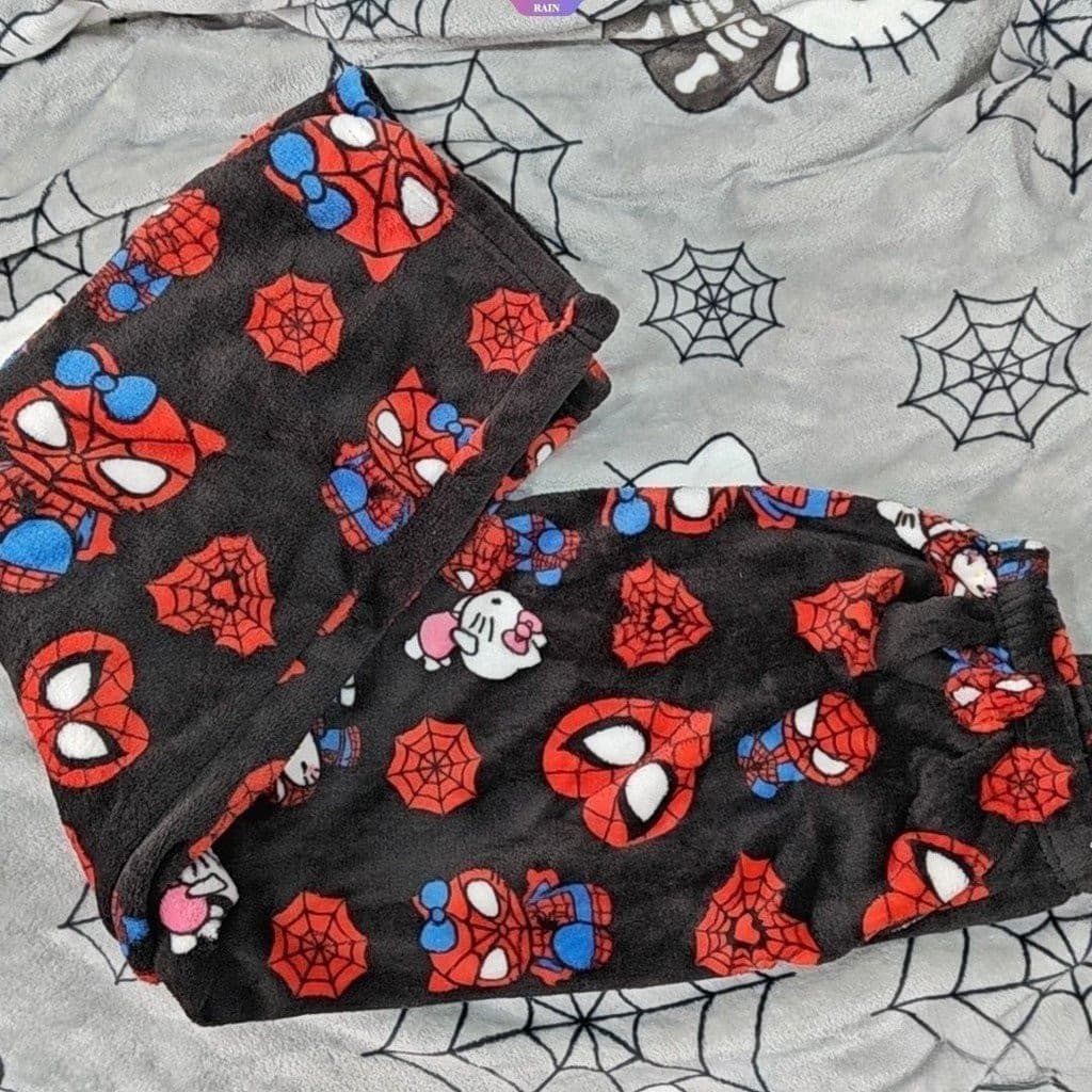 Calça de pijama com toalha de rosto do Homem-Aranha Hello Kitty, versão reta solta, estampa grossa [ty]