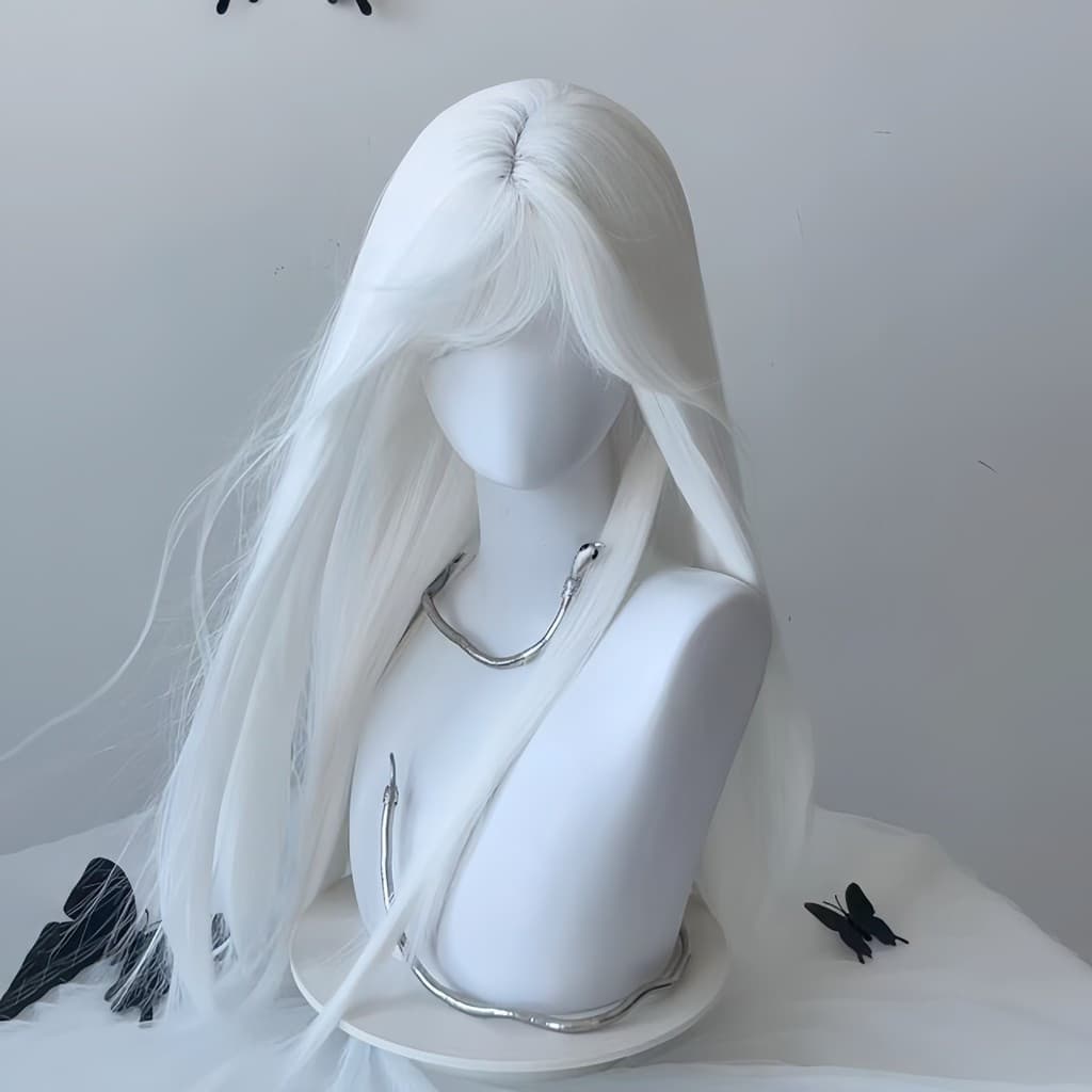 Estilo europeu americano peruca feminina branco puro Qi franja longo cabelo reto diário cos festa lolita All-Match respi