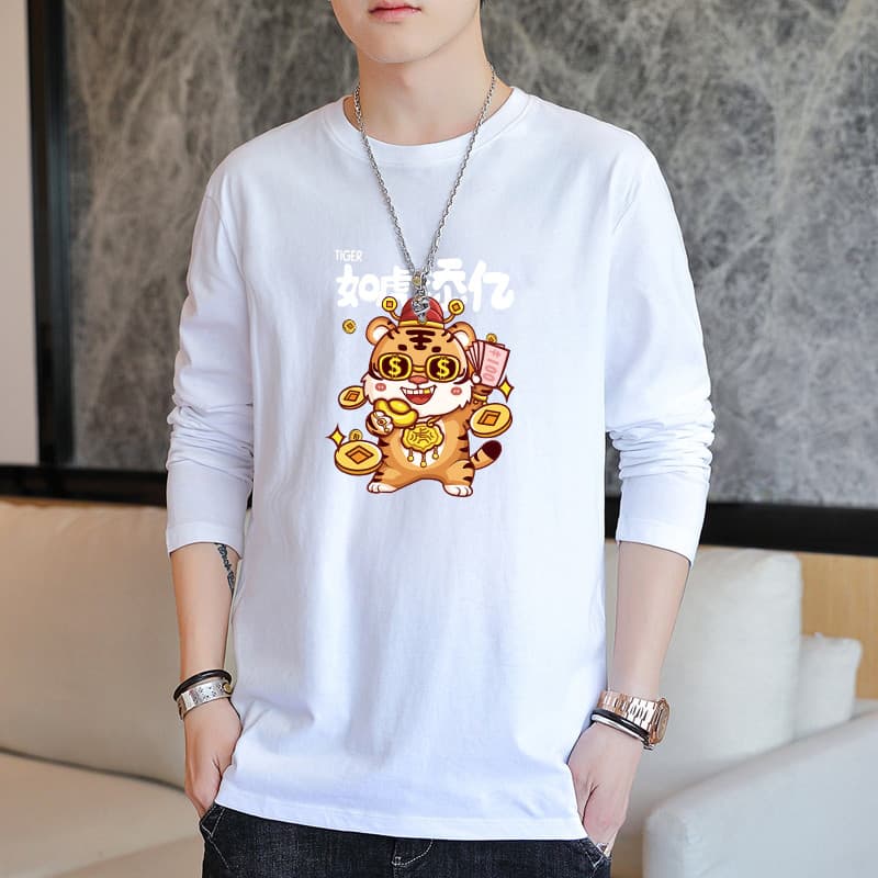 Primavera camiseta masculina puro algodão solto de manga comprida nacional na moda impresso camisa de fundo roupas de ou