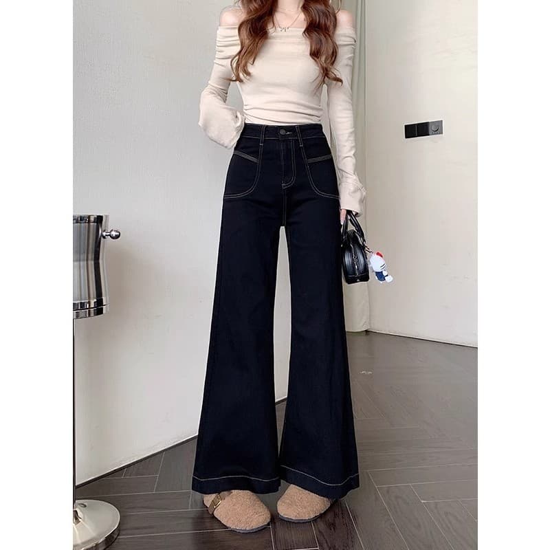Tamanho grande preto Micro queimado Jeans feminino primavera verão gordura mm forma de pêra solta cintura alta mais magr
