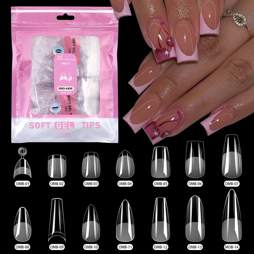￼ Adesivos de unhas postiças em formato de amêndoa trapezoidal, semi-mate, em embalagem de 504 peças, transparentes, sem