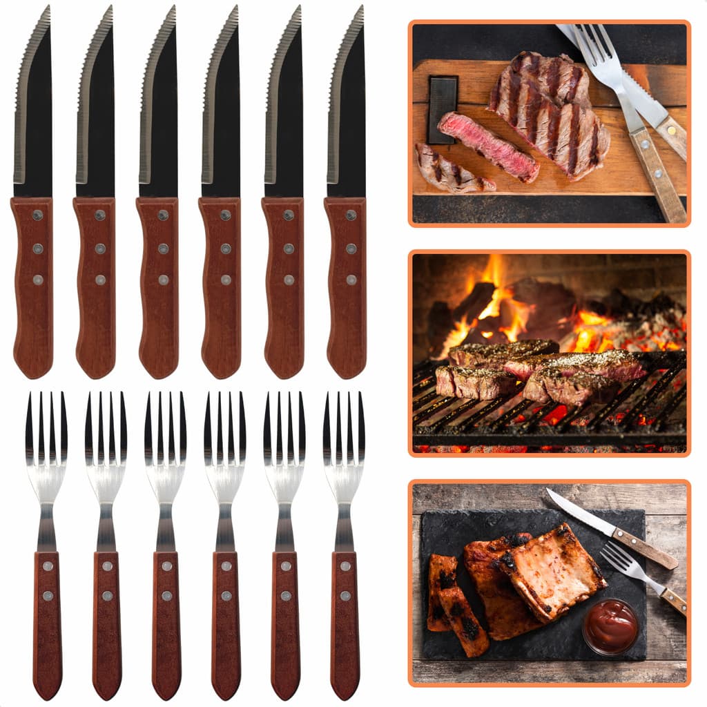 Jogo De Talheres Jumbo 12 Peças Churrasco Inox Faca Garfo Com Cabo De Madeira