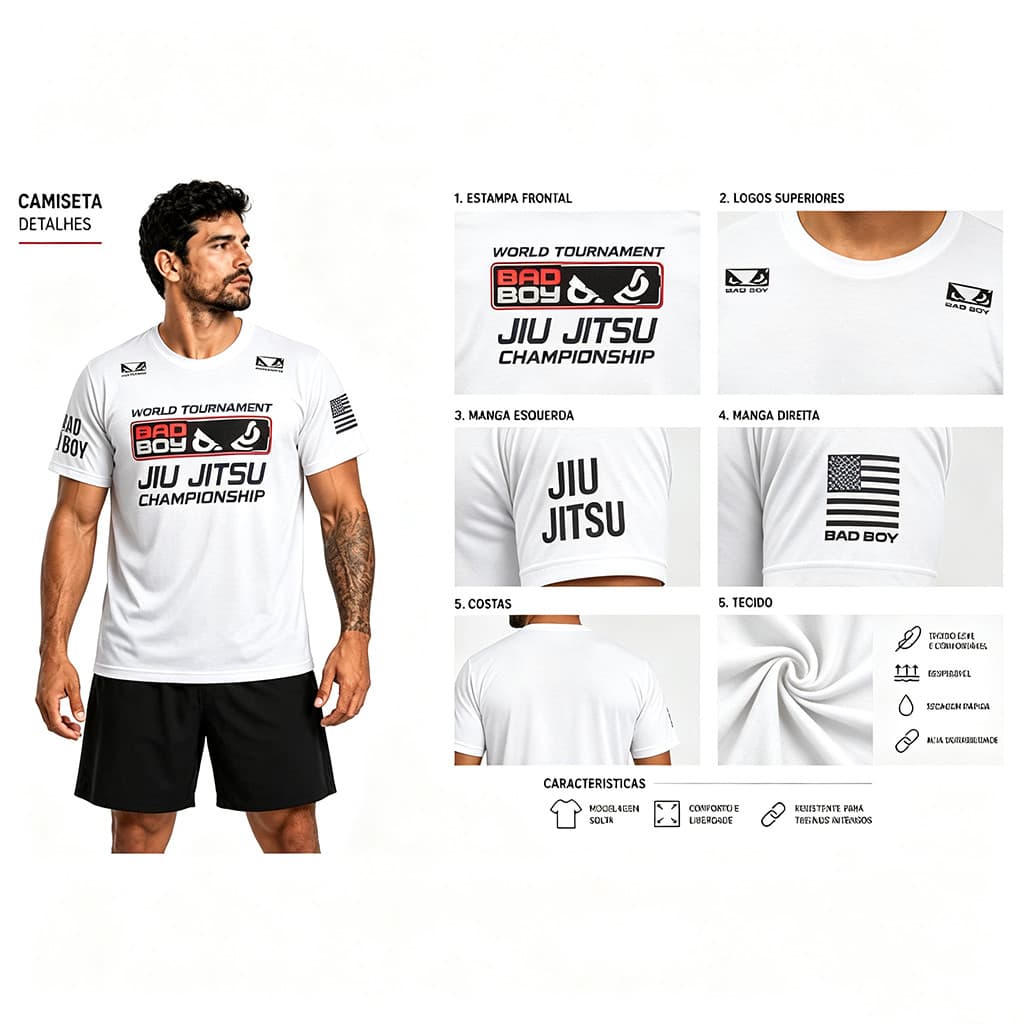 Camiseta Manga Curta  Masculina  BadBoy JIU JITSU com Estampa nas costas e manga Esportiva Confórtavel