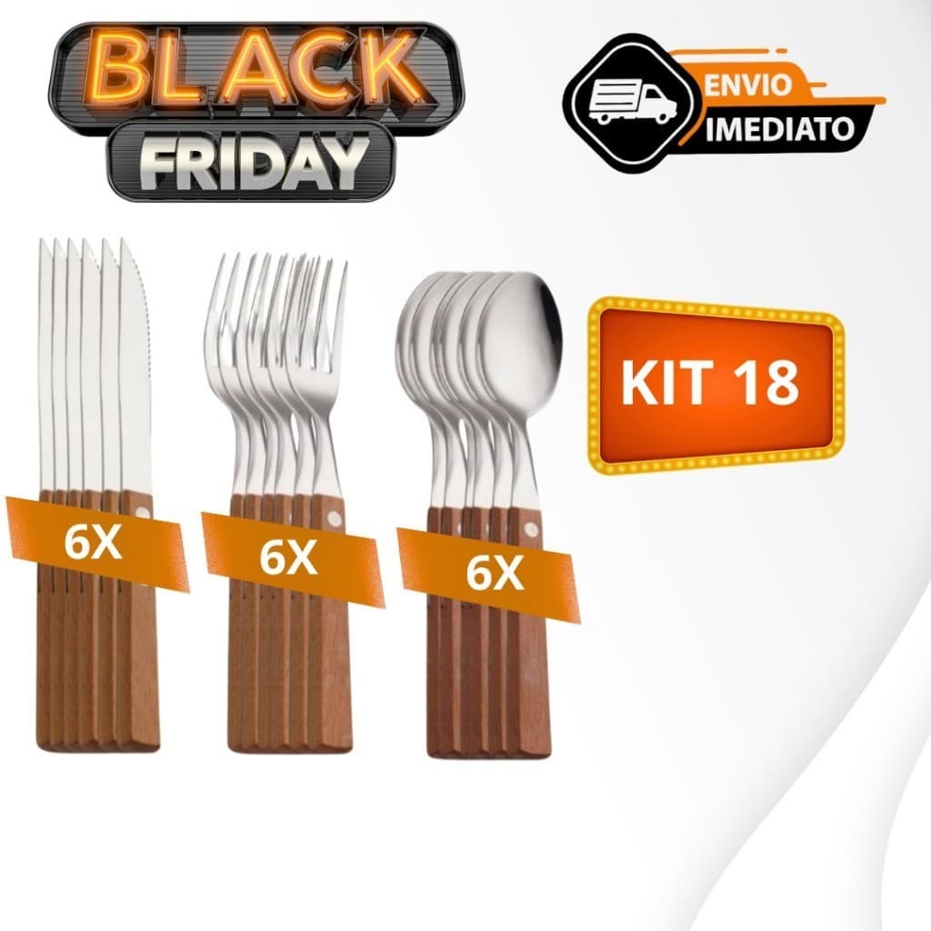 Kit 18 Talheres de Cozinha Inox Cabo de Madeira 6 Garfos + 6 Facas + 6 Colheres de Mesa