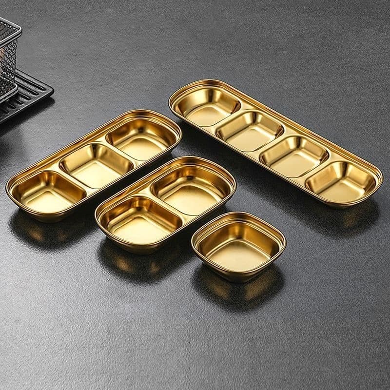 Prato de sabor coreano de aço inoxidável Prato de tempero dourado Panela quente de tempero Prato de molho Churrasc