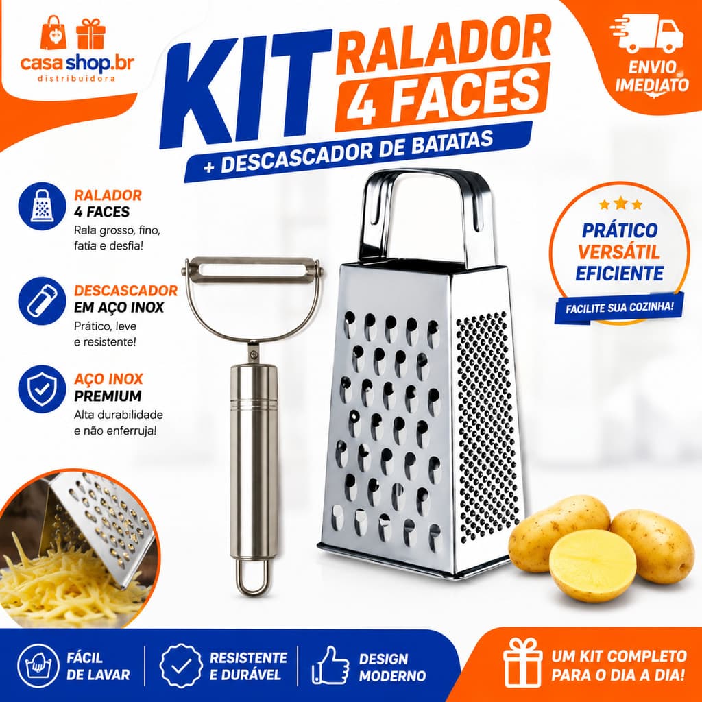 Kit Ralador 4 Faces em Aço Inox Descascador de Legumes Batata Cenoura Cozinha