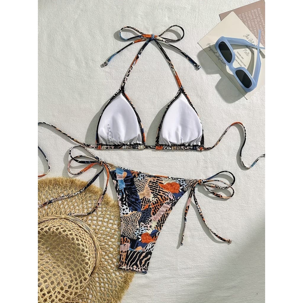 Conjunto de Biquíni com Decote Halter e Amarração para Férias em Águas Termais