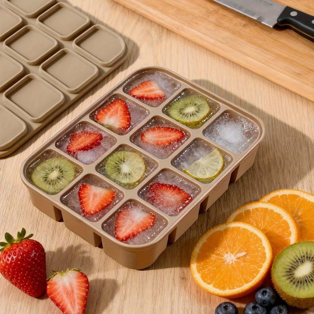 Bandeja de gelo de Silicone com 12 compartimentos com tampa, molde flexível - Molde de liberação fácil, adequada para co
