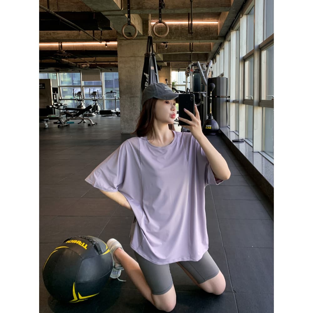 Oco gaze ombro mais magro olhar solto tamanho grande gordura mm Fitness wear feminino esportes camiseta de secagem rápid