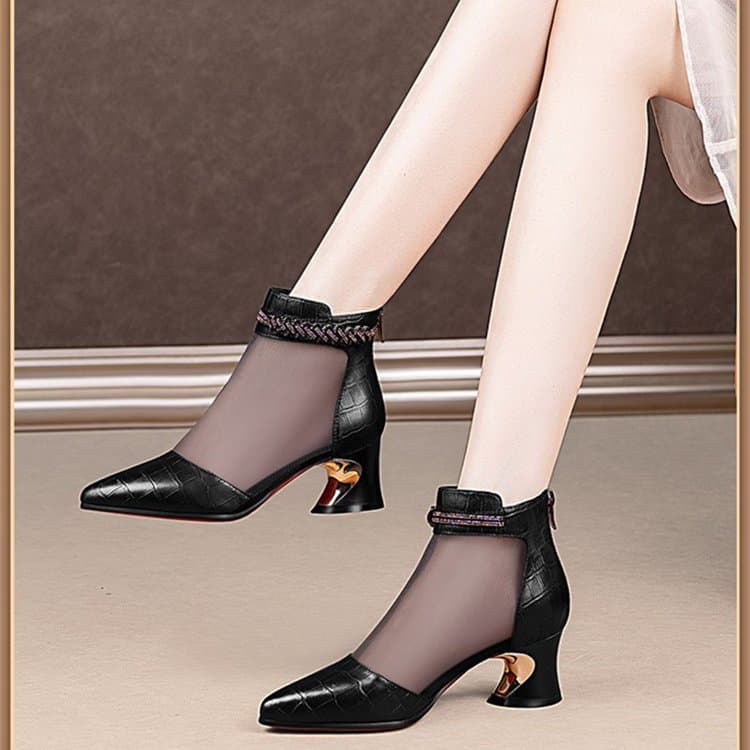2026 Novo estilo botas de rede de bico fino oco salto baixo strass sandálias femininas verão couro genuíno salto grosso