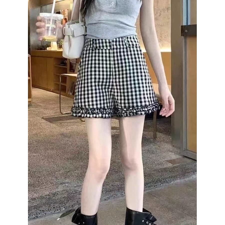 Mais fino olhar babados preto branco xadrez 2025 rendas Shorts casuais cintura alta verão cintura elástica calças quente
