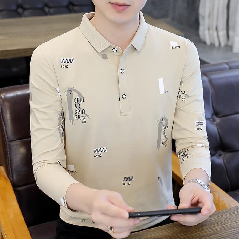 Algodão puro High-End carta impressa camisa polo masculina na moda de manga comprida camiseta outono novo estilo negócio