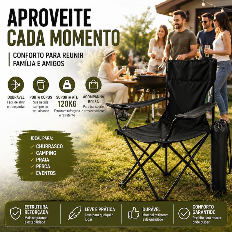 Cadeira Dobrável Cor Preto Camping Praia Pesca Reforçada Com Porta Copos