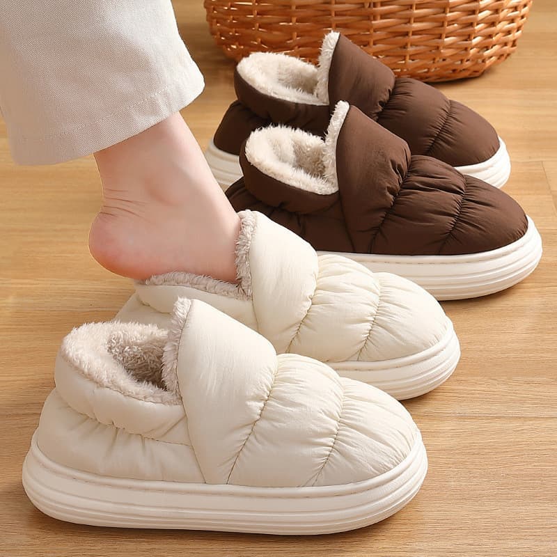 Sapatos impermeáveis de algodão com enchimento de plumas, femininos, inverno, ao ar livre, peludos, quentes, pantufas pa