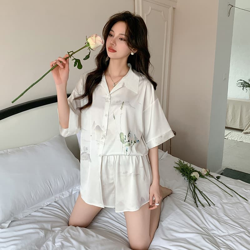Conjunto de Pijamas Femininos Yaoting Primavera/Verão: Vestido Camisa Casual Doce e Fofo com Shorts, Adequado para Uso a