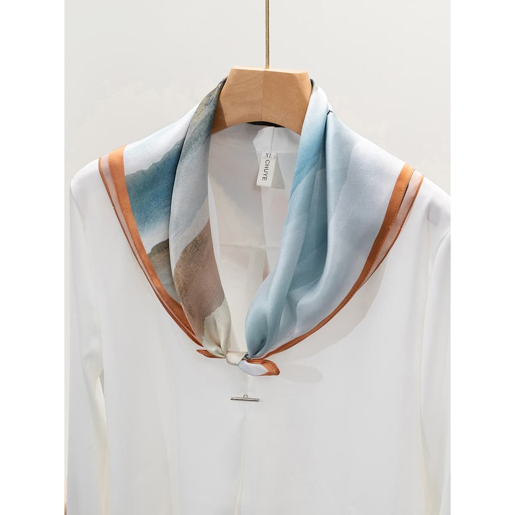 Longing azul claro para paisagem Natural impresso seda pequeno lenço quadrado feminino High-End mãe 53 lenço de seda gra