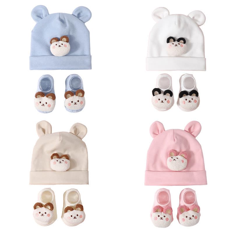 2 Pçs Dos Desenhos Animados Urso Bebê Fetal Boné Meias De Algodão Macio Elástico Infantil Turbante Chapéu Cor Sólida Cri