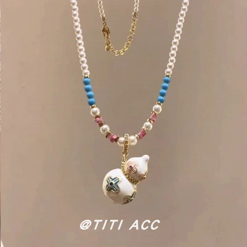 [Xianteng Linghu] Novo Colar de Pérolas Coloridas em Forma de Cabaça Branca Estilo Chinês, Colar de Clavícula Retro Eleg