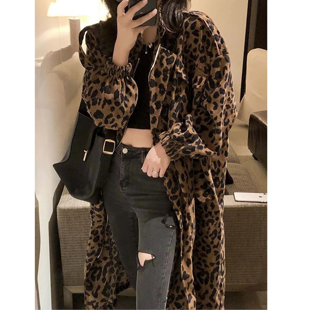 Casaco trench coat feminino com estampa de leopardo estilo americano, comprimento médio, nova moda de outono, versão cor
