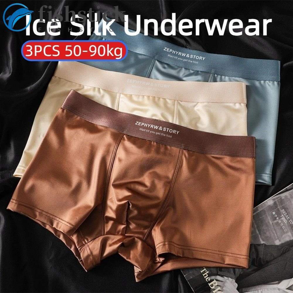 FISHSTICKA 3 Peças De Calcinha Masculina De Seda Gelada , Boxers Tipo Cetim , Cueca Boxer , Virilha 3D