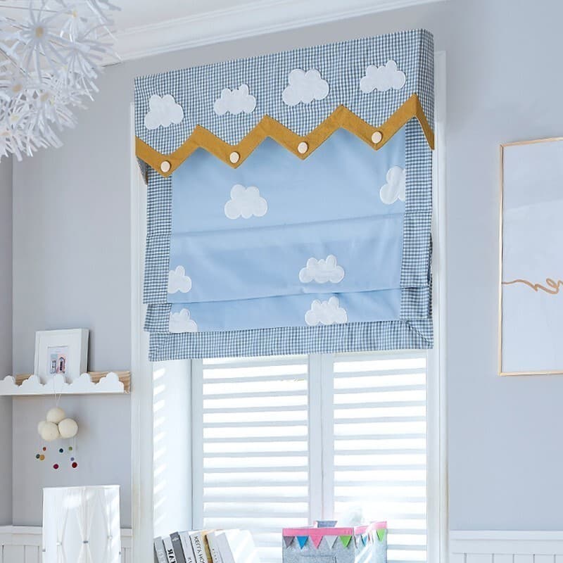 Azul branco nuvem cortinas do quarto das crianças meninos xadrez cortinas quarto cortinas romanas dobrável levantamento