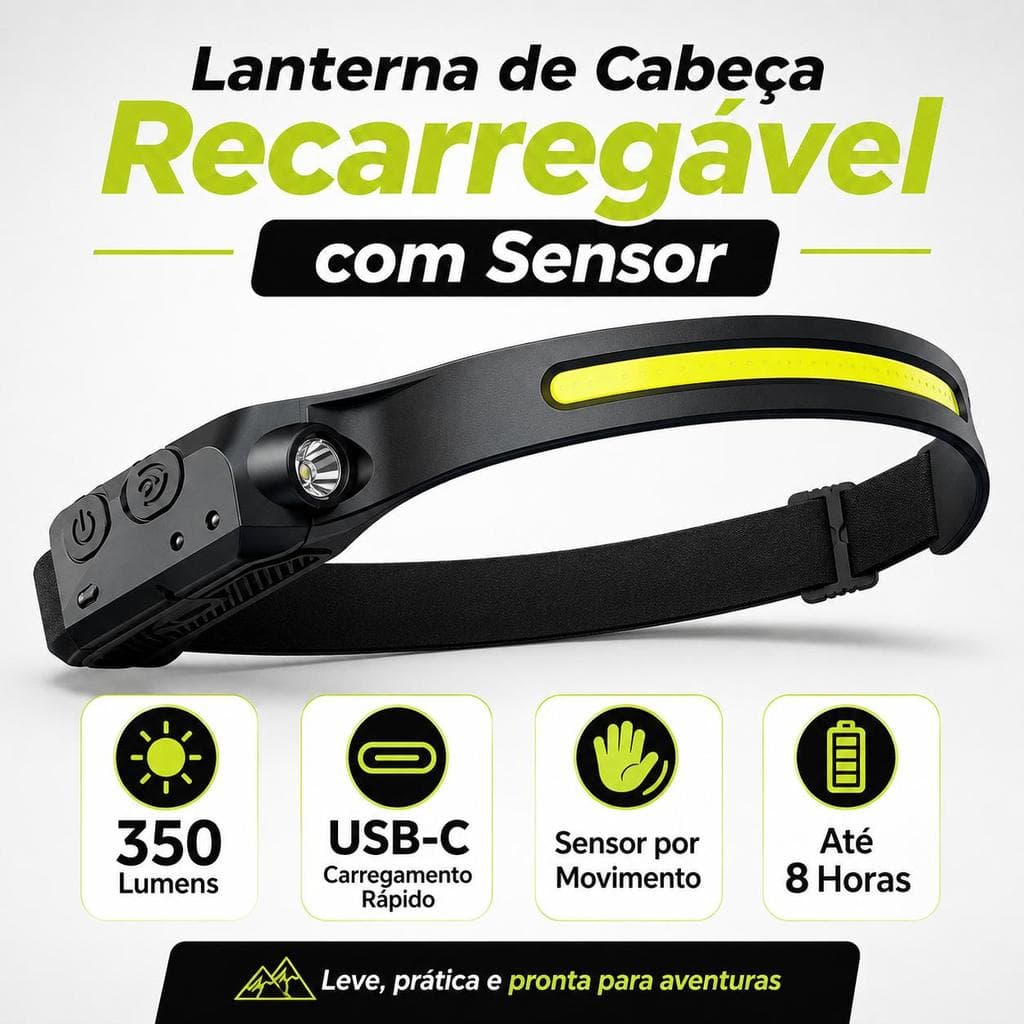 Lanterna de Cabeça Recarregável USB-C com Sensor de Movimento, 350 Lumens, IPX4, Faixa Ajustável, Bateria 1200mAh para C