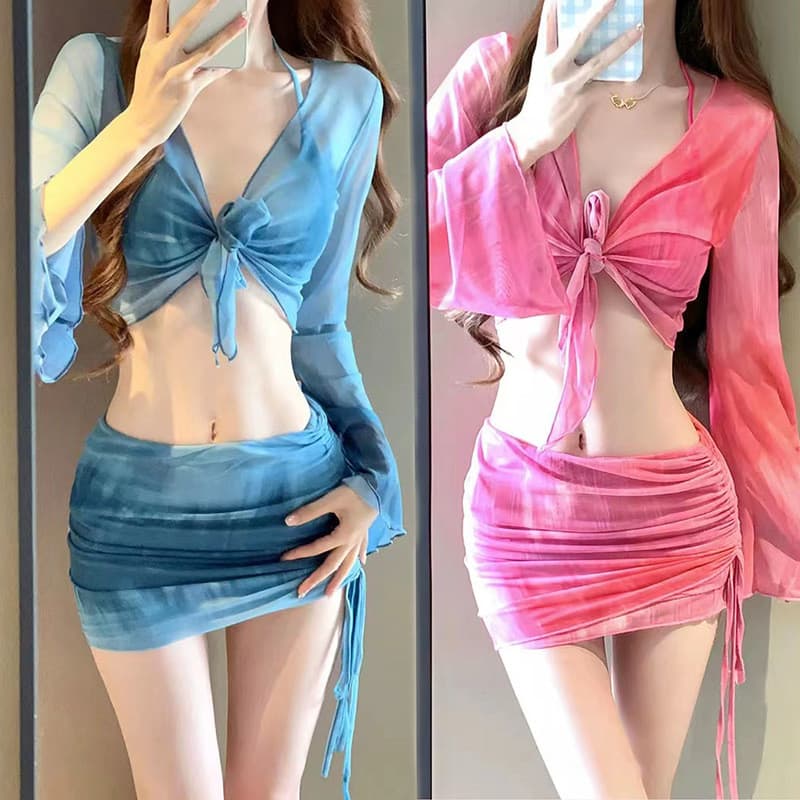 Biquíni de quatro peças para mulheres, novo estilo conservador, de mangas compridas, modelador e que valoriza a silhueta