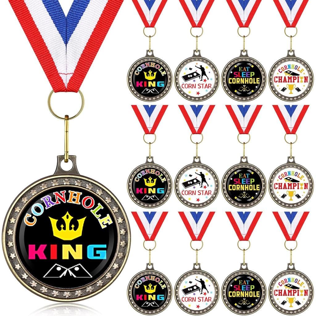 Zeyune Conjunto de 12 Medalhas de Cornhole, Troféus Divertidos com Fitas para Pescoço, 2 Polegadas, Preto e Branco, Meda