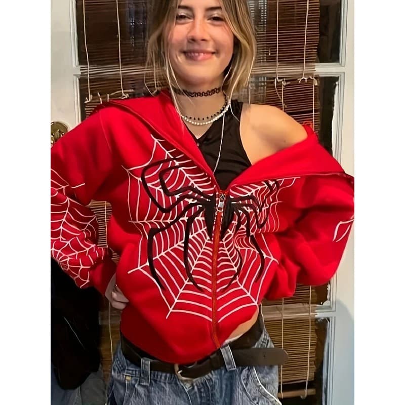 2024 Cross Border Spider Web Zipper Suéter Feminino Casual Moderno Com Capuz Primavera E Outono Casaco Americano De Lã