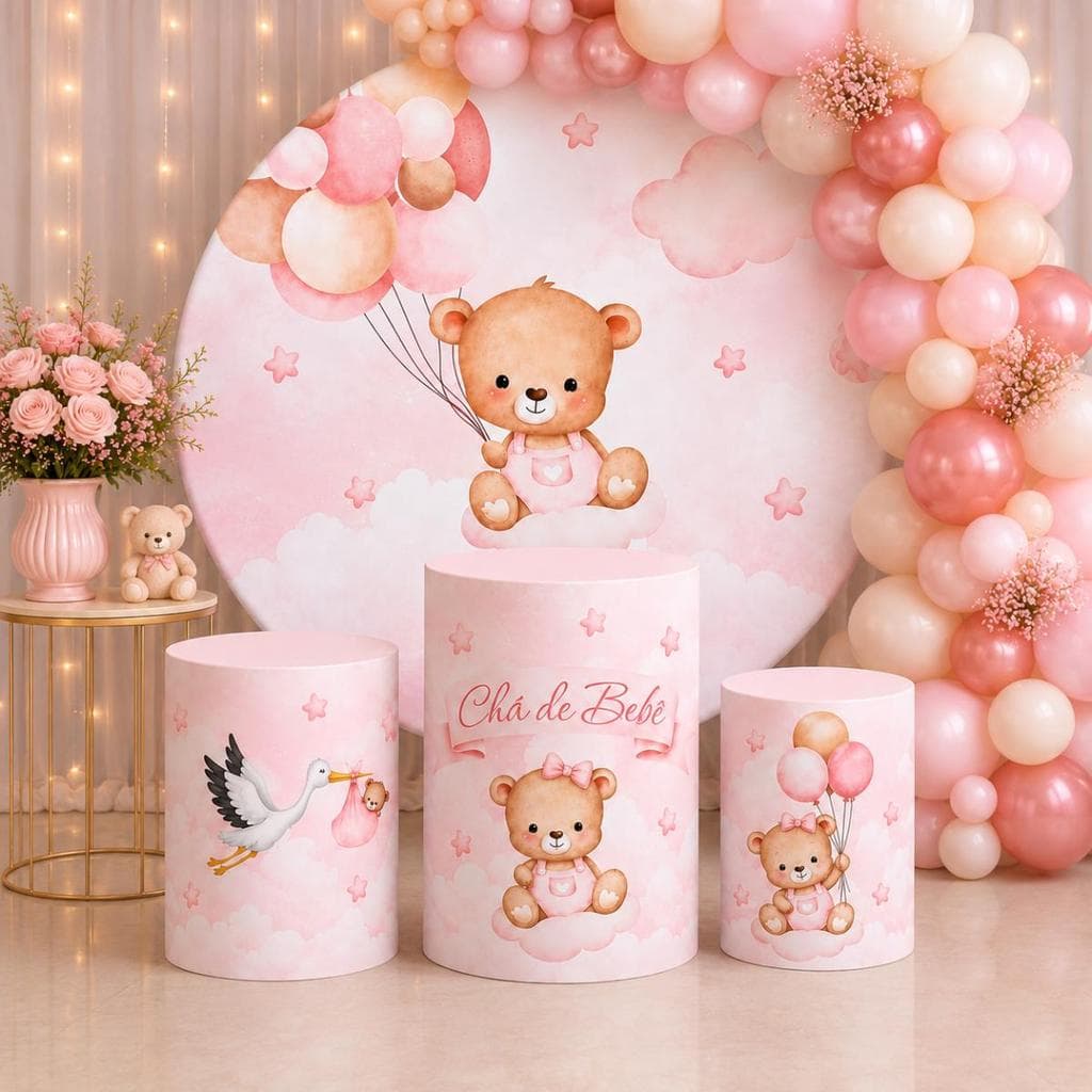 Inicio Kit Capa Painel Redondo + Capas de Cilindro Decorativo Festa (Pegue e Monte) -CHA DE BEBE MODELO 35