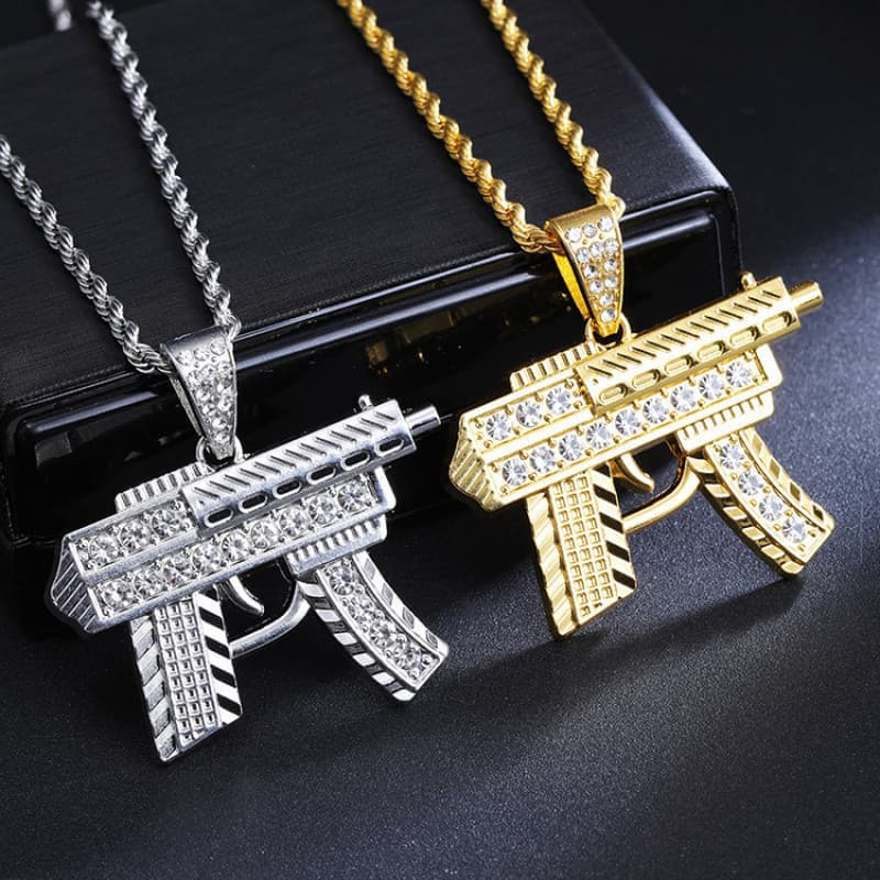 Colar Masculino Pingente Metralhadora Cravejado Ice Hip Hop Aço Inoxidável Luxo Trap Corrente