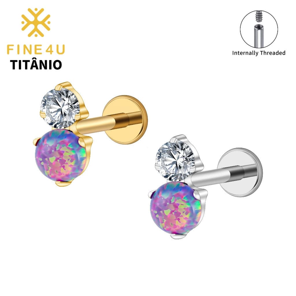 Joias de piercing em liga de titânio FINE4U, incrustadas com opala e zircônia, adequadas para ossos da orelha, cartilage