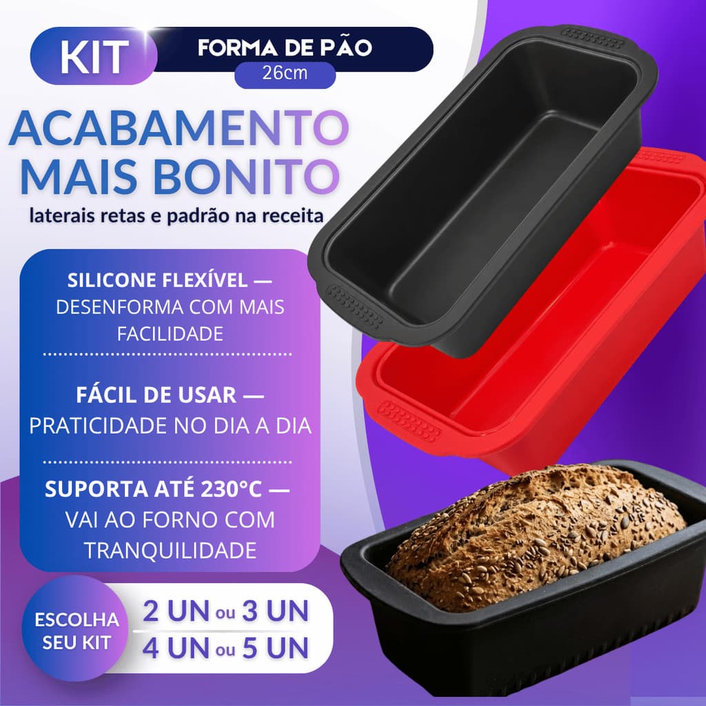Kit 2/3/4/5 Formas Silicone Retangular 26cm Pão Bolo Inglês Antiaderente Forno 230°C Preto Vermelho