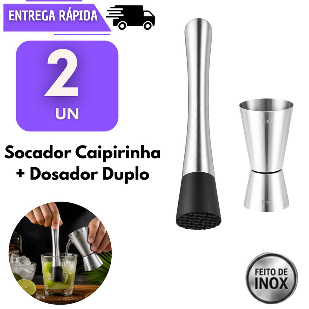 Kit Drinks 2 Socador E 2 Dosador Duplo Em Inox 25ml 50ml Drinks Ideal Para Bebidas Coquetel Bar Barman Macerador Bebida