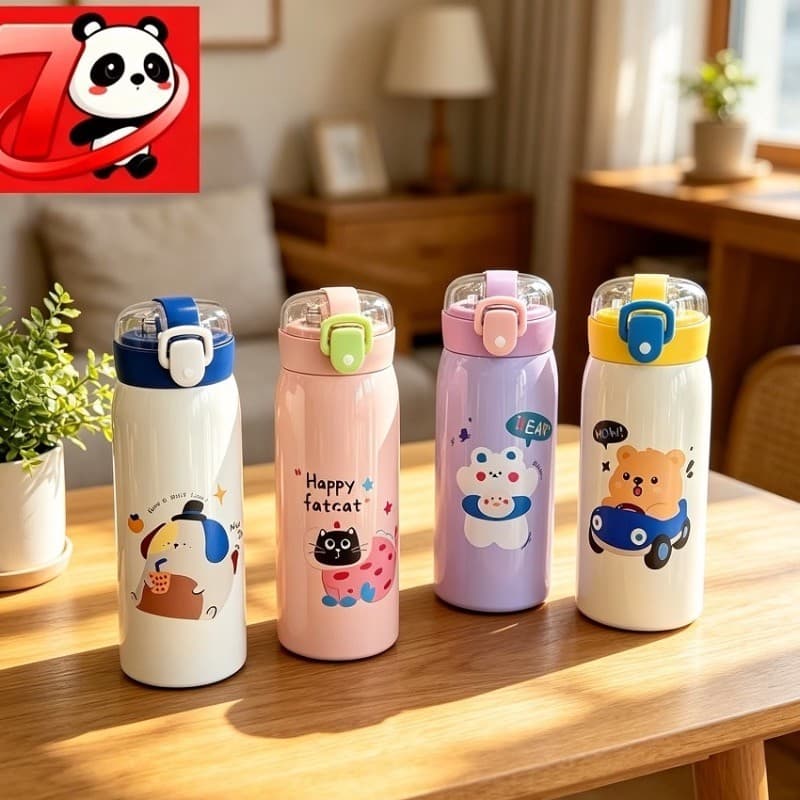 Garrafa Térmica 550ml Aço Inox com Canudo e Desenho Kawaii