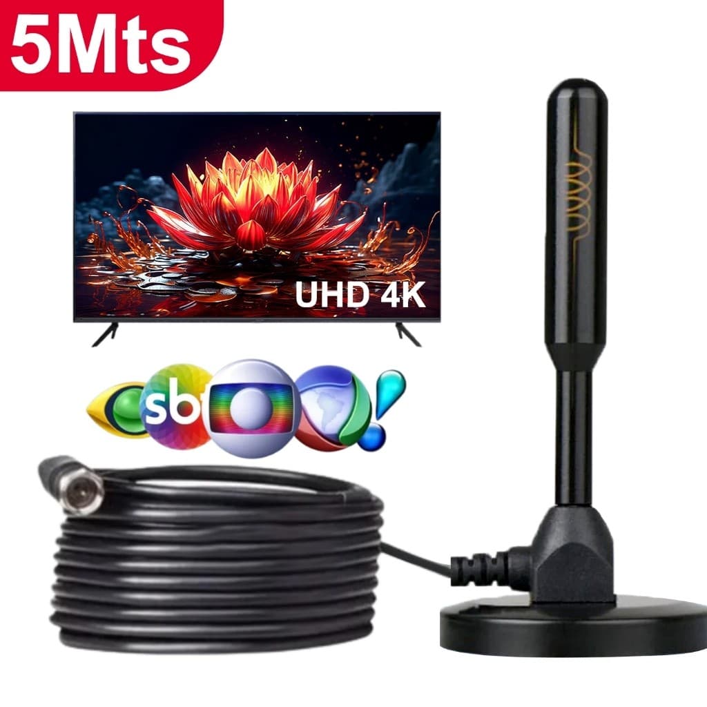 Antena Digital 5 metros interna Sinal TV HDTV Base Imã Externo a prova d'agua